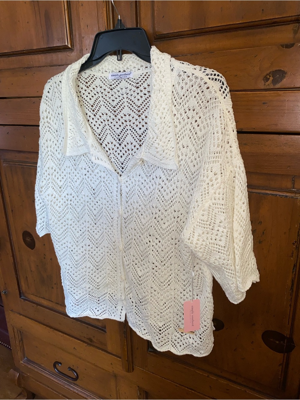NWT Simply Southern Crochet Sweater Button Front Collared Short Sleeve XL Ivory